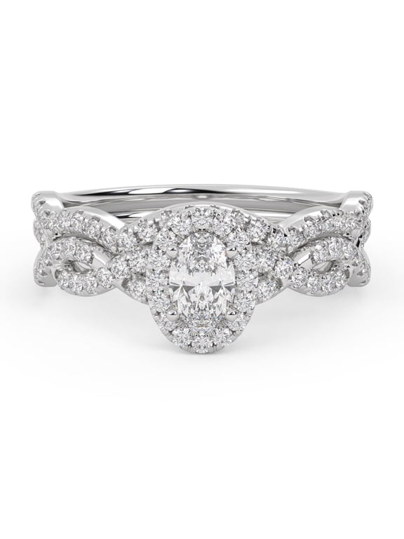 Infinity Halo Bridal Ring Set for Women, 0.75 Cttw Oval And Round Cut Lab Grown Diamond Engagement Wedding Rings 14K White Gold Over 925 Sterling Silver F-G-H, SI Quality Ring Size-5