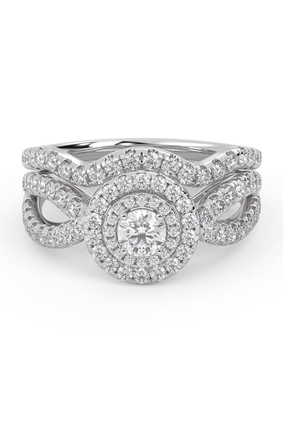 Infinity Shank Double Halo Bridal Set Ring for Women, IGI Certified 1.10 Carat (ctw) Round Cut Lab Grown Diamond Engagement Wedding Ring 14K Solid White Gold F-G, VS-SI Quality Ring Size-4