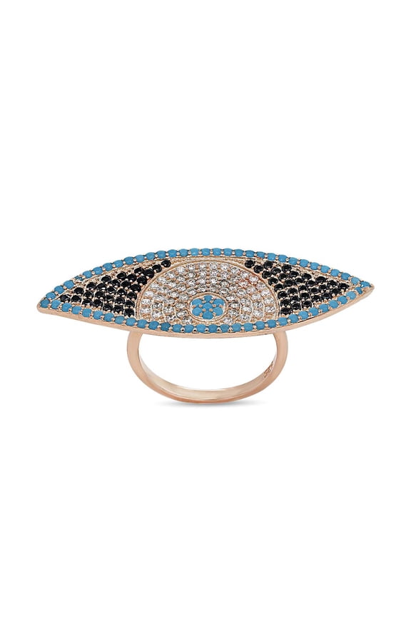 Lab Created Turquoise, Black And White Cubic Zirconia Evil Eye Ring In 14k Rose Gold Plated 925 Sterling Silver For Women Ring Size :- 8