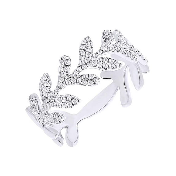AFFY Leaf Style 0.3 Cttw Round Cut White Natural Diamond Engagement Band Ring In 10K Solid White Gold,Ring Size: 4