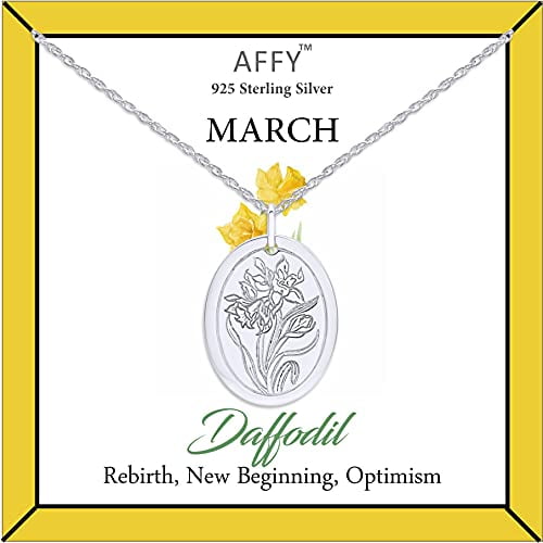 AFFY March Birth Month Daffodil Flower Oval Frame Disk Pendant Necklace In 14K White Gold Plated 925 Sterling Silver for Womens 18" Chain