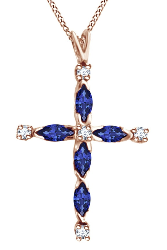 Marquise Cut Simulated Blue Sapphire With White Diamond Cross Pendant Necklace In 10K Solid Rose Gold