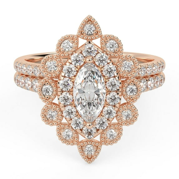 AFFY Marquise Frame Halo Beaded Bridal Set Ring for Women, 1.25 Carat (ctw) Lab Grown Diamond Engagement Wedding Ring 14K Rose Gold Over 925 Sterling Silver F-G-H, SI Quality Size-5.5