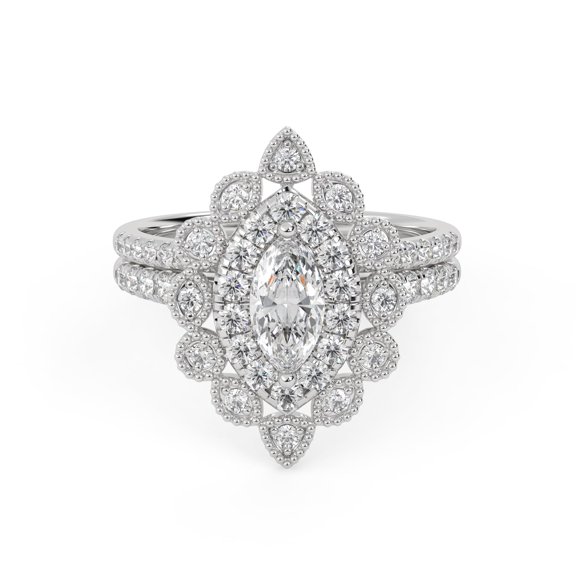 AFFY Marquise Frame Halo Beaded Bridal Set Ring for Women, Center 8X4mm Marquise and Round cut Lab Created Moissanite Engagement Wedding Ring in 10K Solid White Gold Size-9