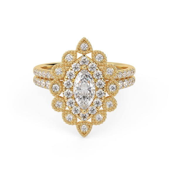 AFFY Marquise Frame Halo Beaded Bridal Set Ring for Women, Center 8X4mm Marquise and Round cut Lab Created Moissanite Engagement Wedding Ring in 10K Solid Yellow Gold Size-7