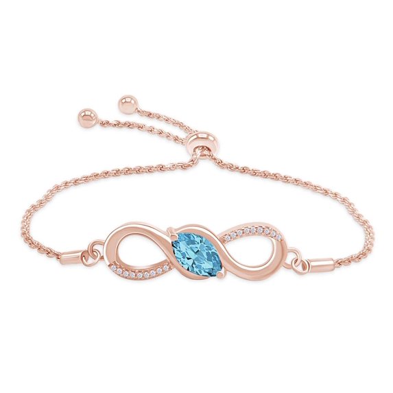 AFFY Marquise Simulated Aquamarine & White Natural Diamond Accents Infinity Bolo Bracelet for Women in 14k Rose Gold Over Sterling Silver
