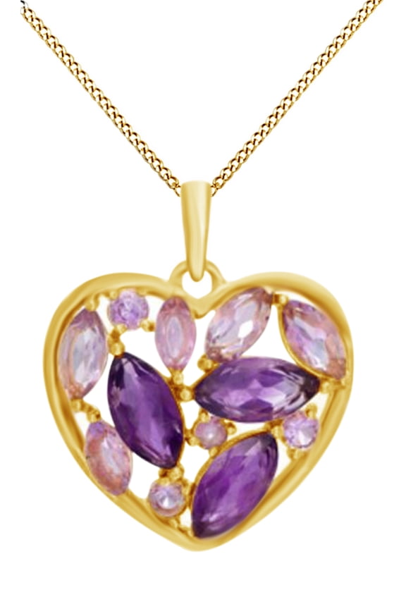 Marquise and Round Simulated Amethyst CZ Cluster Heart Pendant in 14K Solid Gold