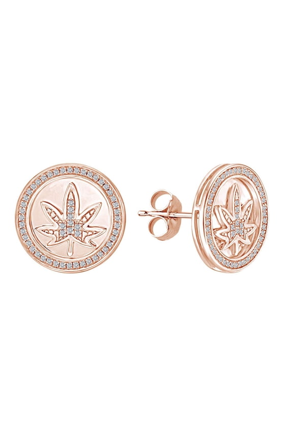 Men's White Cubic Zirconia Cannabis Leaf Overlay Circle Stud Earrings In 14k Rose Gold Over Sterling Silver