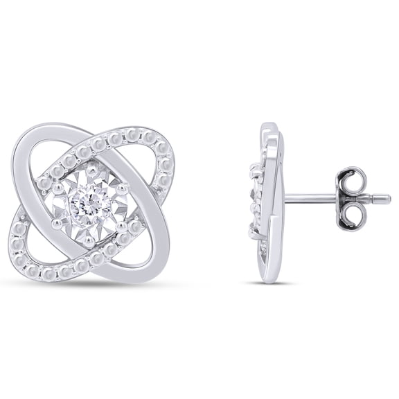 AFFY Miracle Set Round Cut White Natural Diamond Accent Love Knot Stud Earrings For Women In 14K White Gold Plated 925 Sterling Silver (Clarity : I2-I3, Color : I-J, 0.02 Cttw)