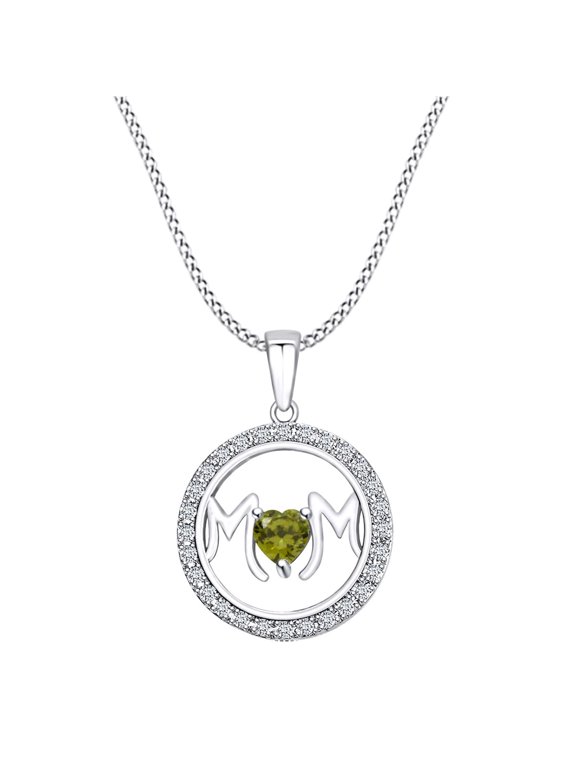 Mother's DAY Jewelry Gifts Simulated Peridot & White Cubic Zirconia Circle Frame Mom Heart Pendant Necklace In 14k White Gold Over Sterling Silver