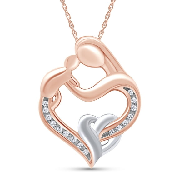 AFFY Mother's Day Jewelry Gift 0.1 Carat (Cttw) Round White Natural Diamond Two Tone Mom Heart Pendant Necklace 14K Rose Gold Sterling Silver