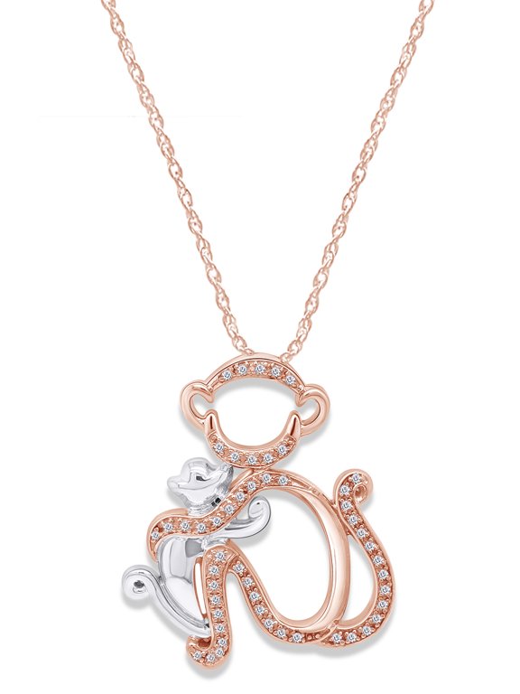 Mother's Day Jewelry Gift 0.12 Carat (Cttw) White Natural Diamond Two Tone Monkey Mom Pendant Necklace In 14k Rose Gold Over Sterling Silver