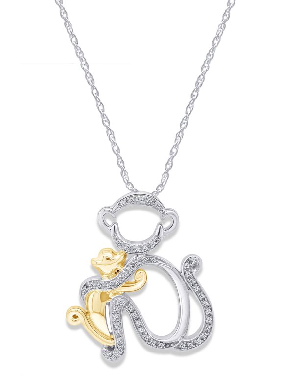 Mother's Day Jewelry Gift 0.12 Carat (Cttw) White Natural Diamond Two Tone Monkey Pendant Necklace In 14k White Gold Over Sterling Silver