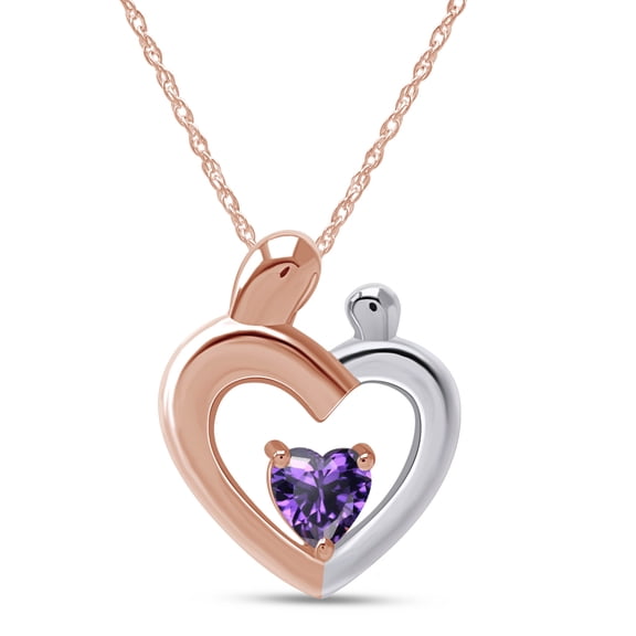 AFFY Mother's Day Jewelry Gift Heart Cut Simulated Amethyst Two Tone Mom Pendant Necklace In 14k Rose Gold Over Sterling Silver