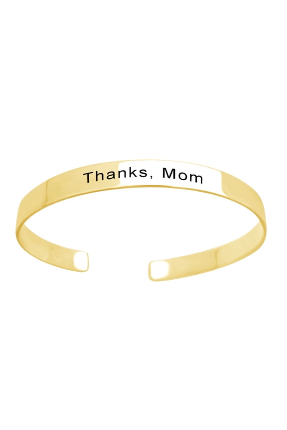 Mother's Day Jewelry Gifts Customized " THANKS , MOM " Inspirational Mom Positive Messaged Cuff Bracelet In 14k Yellow Gold Over Sterling Silver