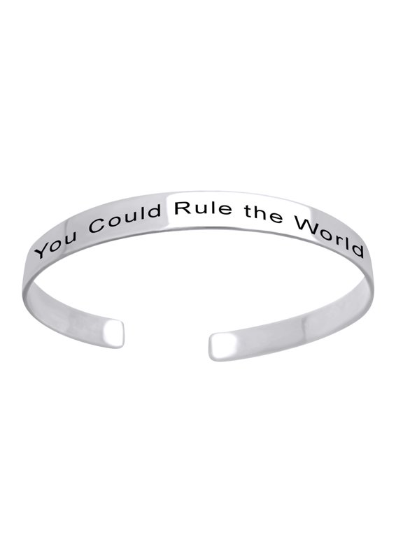 Mother's Day Jewelry Gifts Customized " YOU COULD RULE THE WORLD " Inspirational Mom Positive Messaged Cuff Bracelet In 14k White Gold Over Sterling Silver