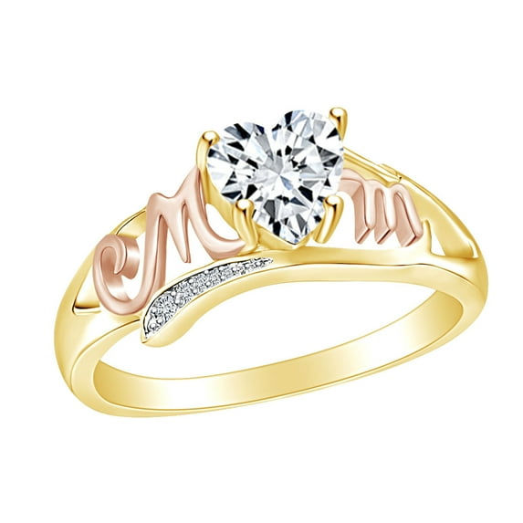 AFFY Mother's Day Jewelry Gifts Heart & Round White Cubic Zirconia Two Tone Mom Heart Promise Ring In 14k Yellow Gold Over Sterling Silver Ring Size-6