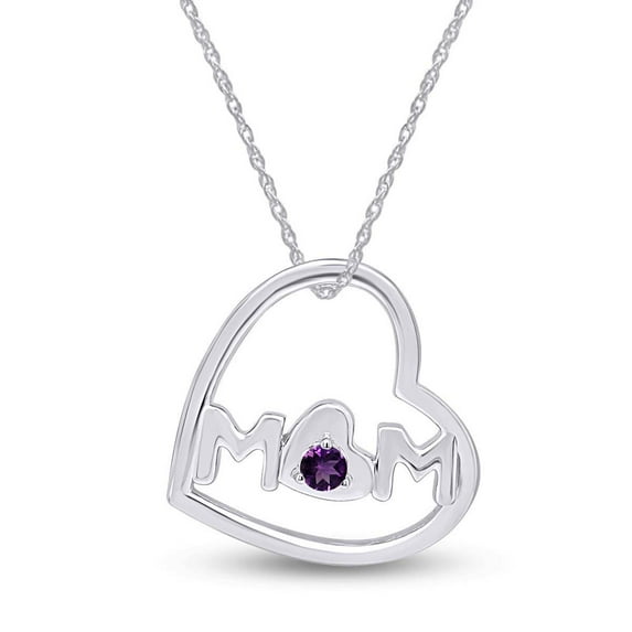 AFFY Mother's Day Jewelry Gifts Round Cut Simulated Amethyst Open Heart Mom Pendant Necklace In 14k White Gold Over Sterling Silver