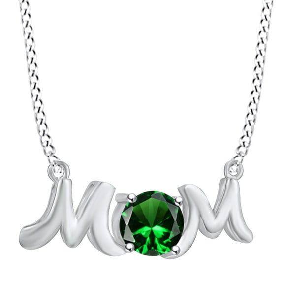AFFY Mother's Day Jewelry Gifts Round Shape Simulated Emerald Mom Pendant Necklace In 14k White Gold Over Sterling Silver