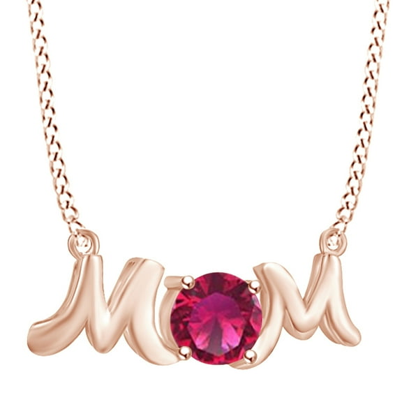 AFFY Mother's Day Jewelry Gifts Round Shape Simulated Ruby Mom Pendant Necklace In 14k Rose Gold Over Sterling Silver