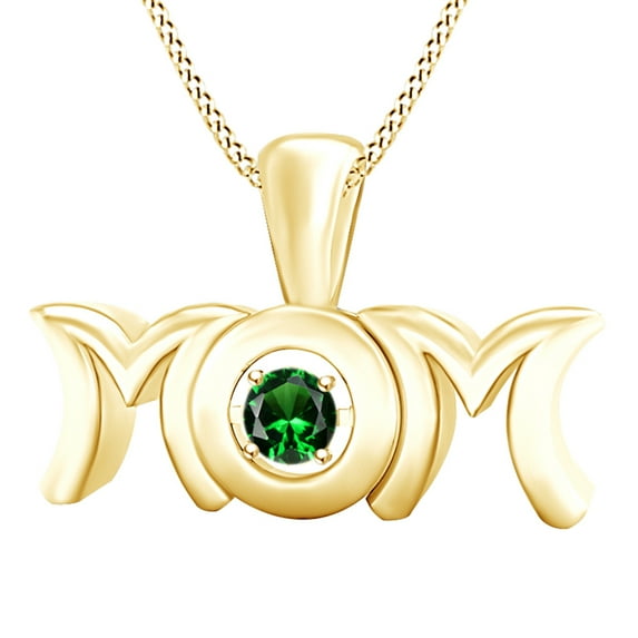 AFFY Mother's Day Jewelry Gifts Round Simulated Emerald Mom Pendant Necklace In 14k Yellow Gold Over Sterling Silver