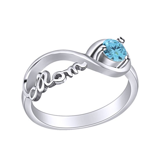 AFFY Mother's Day Jewelry Round Shpe Simulated Aquamarine Mom Infinity Ring 14k White Gold Over Sterling Silver