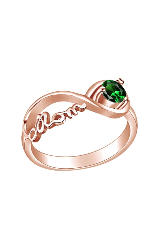 Mother's Day Jewelry Round Shpe Simulated Emerald Mom Infinity Ring 14k Rose Gold Over Sterling Silver