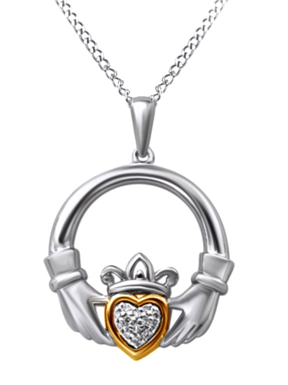 Natural Diamond Accent Claddagh Pendant Necklace In 14K White Gold Over Sterling Silver