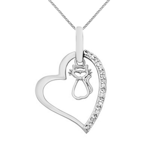 AFFY Natural Diamond Heart with Cat Pendant Necklace 14k White Gold Over Sterling Silver (1/10 ct)