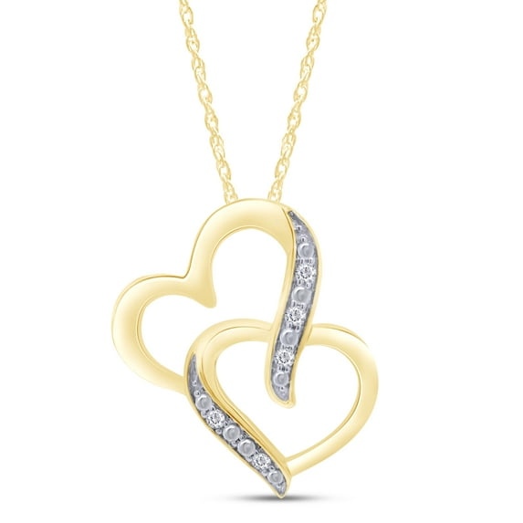 AFFY Natural White Diamond Double Heart Pendant Necklace 10k Solid Yellow Gold (1/20 Cttw, I-J Color, I2-I3 Clarity)