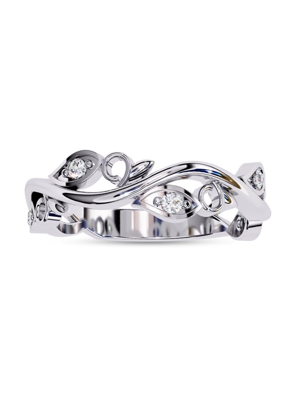 Olive Branch Leaves Wedding Band Ring for Women, 0.10 Carat (ctw) Round Cut Lab Grown Diamond Engagement Ring In 14K White Gold Over Sterling Silver F-G-H, SI Quality Ring Size-7.5