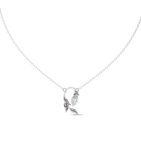 AFFY Olive Leaf Branch Pendant Necklace for Women Marquise Cut Lab Created Moissanite Necklace with 18 Inch Cable Chain in 14K Solid White Gold Jewelry