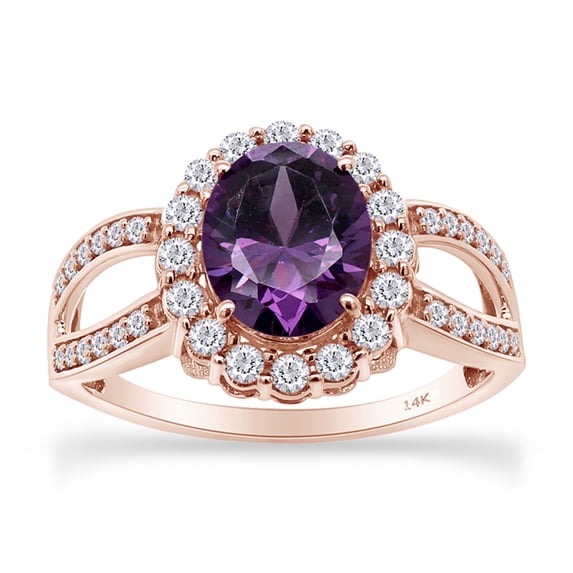 AFFY Oval Cut Simulated Amethyst & White CZ 14k Rose Gold Over Sterling Silver Vintage Style Engagement Ring, Ring size-14