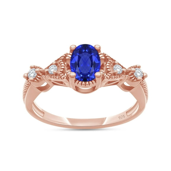 AFFY Oval Cut Simulated Blue Sapphire & Cubic Zirconia Fashion Ring in 14k Rose Gold Over Sterling Silver Ring Size - 10