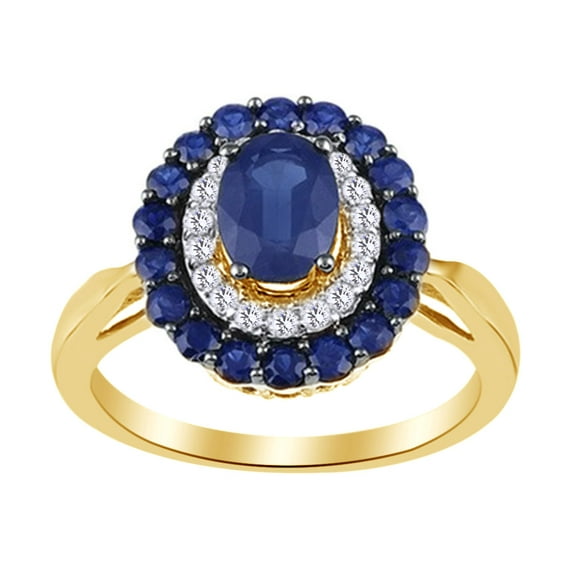 AFFY Oval Cut Simulated Blue Sapphire,White Cubic Zirconia Halo Ring In 10k Yellow Gold Ring Size-9.5