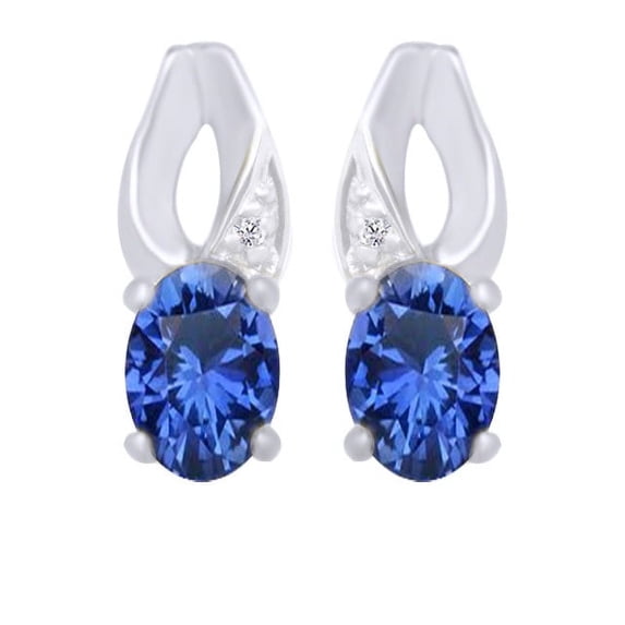 AFFY Oval Cut Simulated Blue Sapphire With Natural Diamond Drop Earrings In 10K Solid White Gold