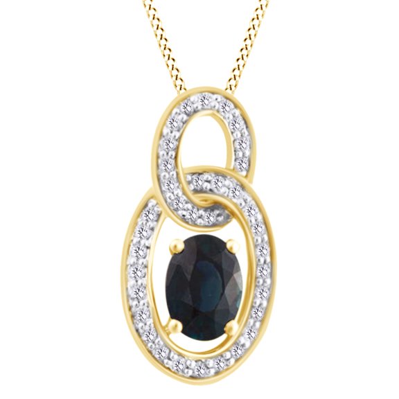 AFFY Oval Cut Simulated Blue Sapphire With Natural Diamond Interlocking Pendant Necklace In 10K Solid Yellow GoldBy