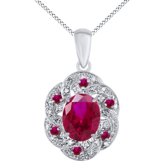AFFY Oval & Round Cut Simulated Pink Ruby Fashion Pendant Necklace In 14k Solid White Gold