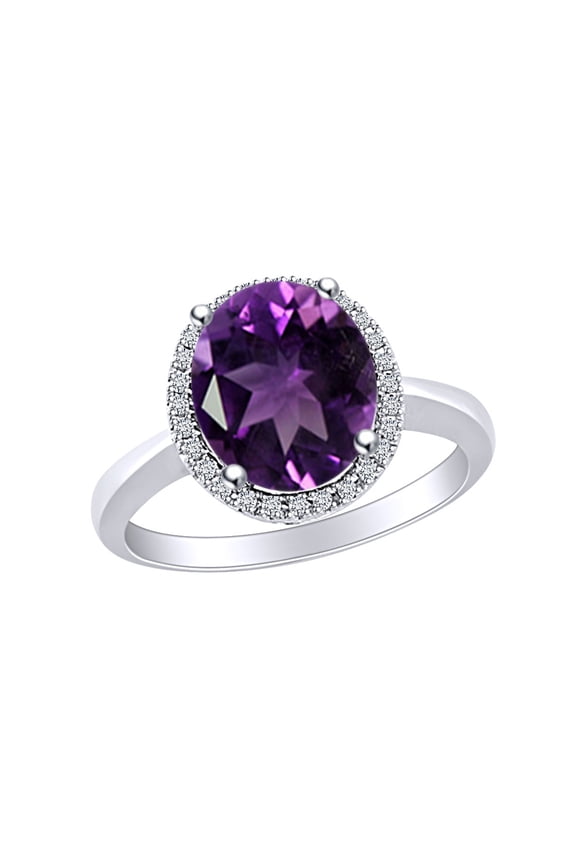 Oval Shape Simulated Amethyst & White Natural Diamond Cluster Engagement Ring In 10k Solid White Gold Ring Size-7