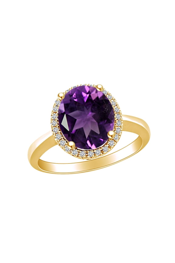 Oval Shape Simulated Amethyst & White Natural Diamond Cluster Engagement Ring In 10k Solid Yellow Gold Ring Size-9
