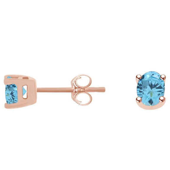 AFFY Oval Shape Simulated Aquamarine Solitaire Stud Earrings In 14k Solid Rose Gold