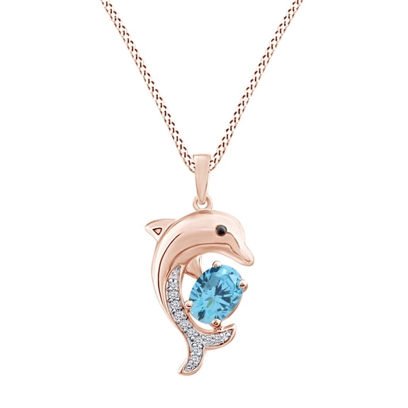 AFFY Oval Simulated Aquamarine & White,Black Cubic Zirconia Dolphin Pendant Necklace 14k Rose Gold Over Sterling Silver 18" Chain