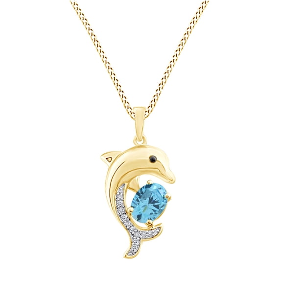 AFFY Oval Simulated Aquamarine & White,Black Cubic Zirconia Dolphin Pendant Necklace 14k Yellow Gold Over Sterling Silver 18" Chain
