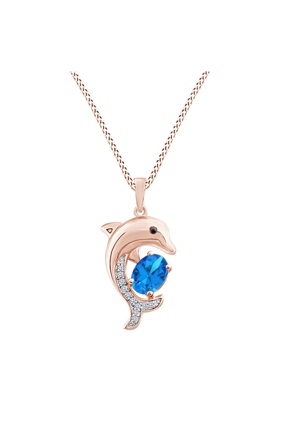 Oval Simulated Blue Topaz & White,Black Cubic Zirconia Dolphin Pendant Necklace 14k Rose Gold Over Sterling Silver 18" Chain
