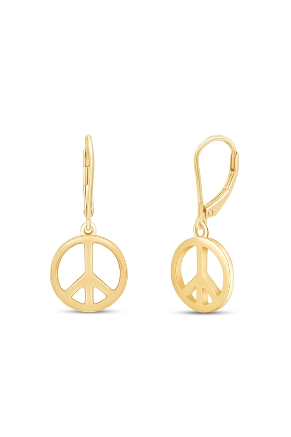Peace Sign Lever Back Dangle Earrings Jewelry for Women in 14k Yellow Gold over Silver