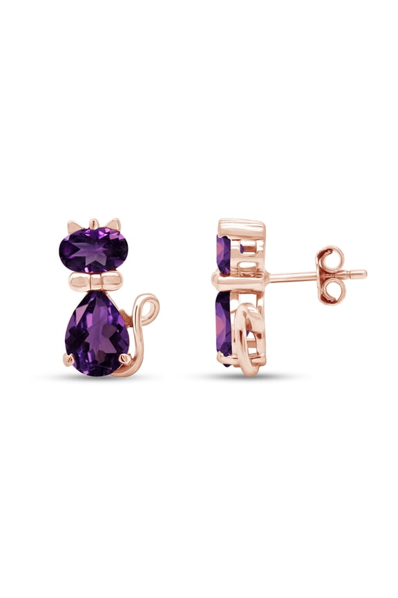 Pear & Oval Shape Simulated Amethyst Cute Animal Kitty Cat Stud Earrings In 14k Rose Gold Over Sterling Silver