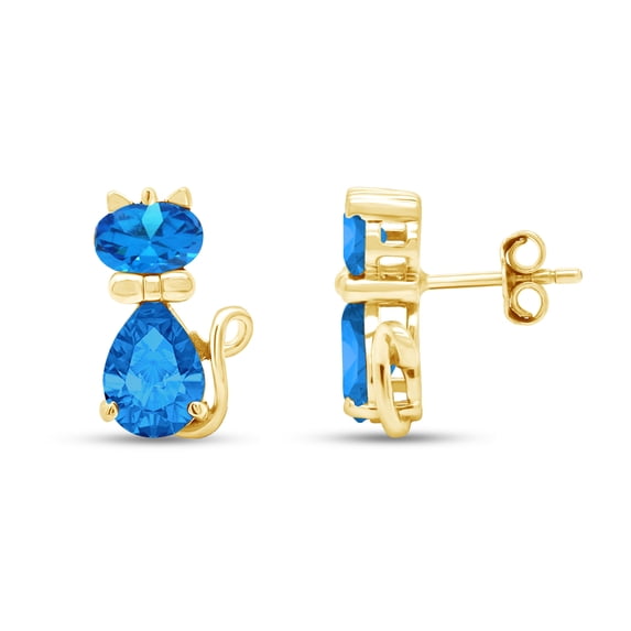 AFFY Pear & Oval Shape Simulated Blue Topaz Cute Animal Kitty Cat Stud Earrings In 14k Yellow Gold Over Sterling Silver