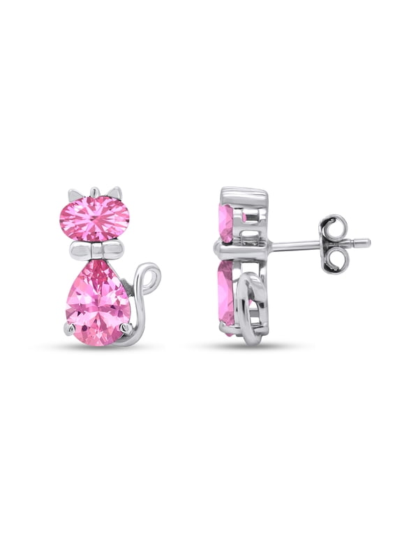 Pear & Oval Shape Simulated Tourmaline Cute Animal Kitty Cat Stud Earrings In 14k White Gold Over Sterling Silver