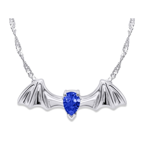 AFFY Pear Shape Simulated Blue Sapphire Flying Austin Bat Pendant Necklace In 14K White Gold Over Sterling Silver