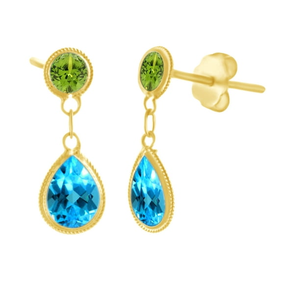 AFFY Pear Shape Simulated Blue Topaz With Green Peridot Dangle Earrings In 10K Solid Yellow Gold